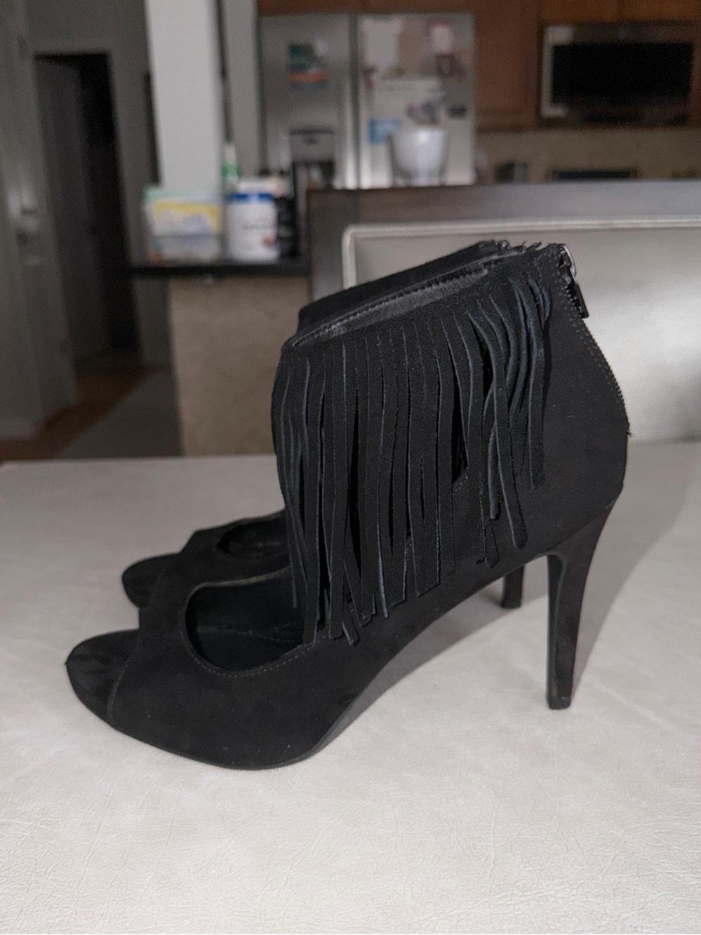 Brash Black Fringe Peep-Toe High Heels
